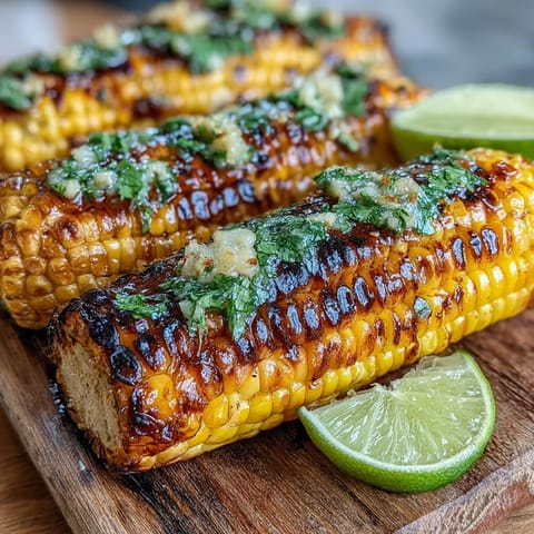 Grilled corn ribs glistening with zesty chili lime butter on a warm platter.