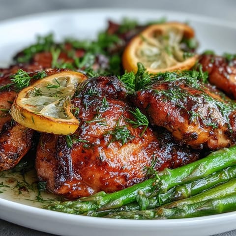 One-Pan Lemon Herb Chicken and Asparagus, juicy, roasted with bright lemon slices.