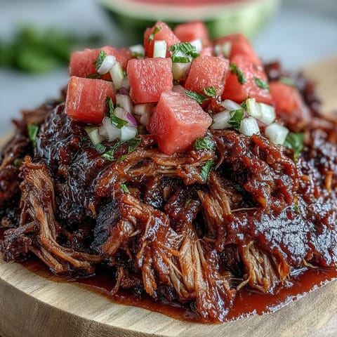 Smoky Juneteenth BBQ Pulled Pork piled high with refreshing watermelon slaw.