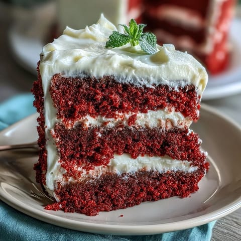 Decadent Juneteenth Red Velvet Cake, showcasing rich red layers and smooth white frosting swirls.