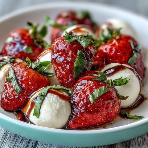 Fresh Strawberry Caprese Salad bursting with juicy berries and creamy mozzarella.