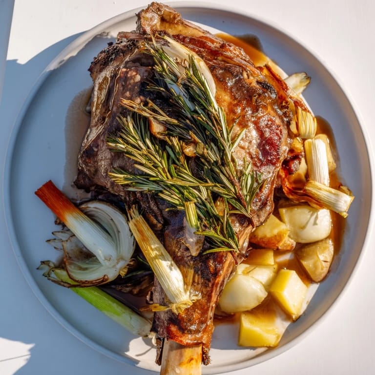 A close-up showing Slow-Roasted Lamb Shanks with vibrant rosemary and garlic, ready to eat.