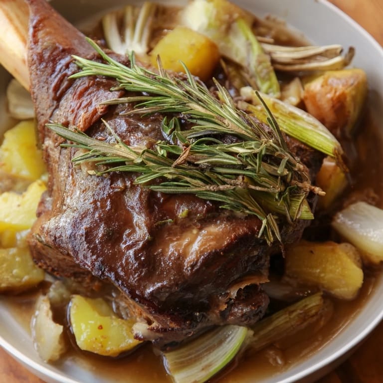 Imagine the aroma! Juicy Slow-Roasted Lamb Shanks, surrounded by tender vegetables, ready for dinner.