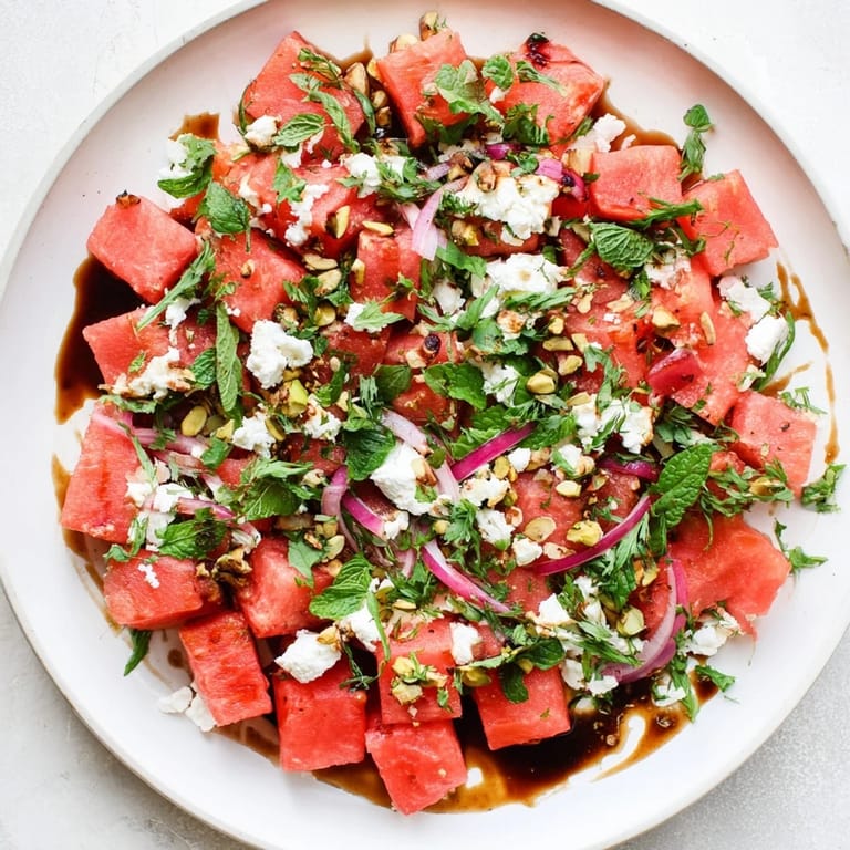 This bright Fresh Watermelon and Feta Salad bursts with flavor, featuring fresh mint and tangy balsamic dressing.