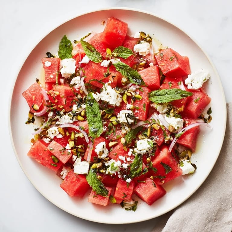 A close-up view of Fresh Watermelon and Feta Salad showcasing vibrant watermelon and crumbled feta cheese with glaze.