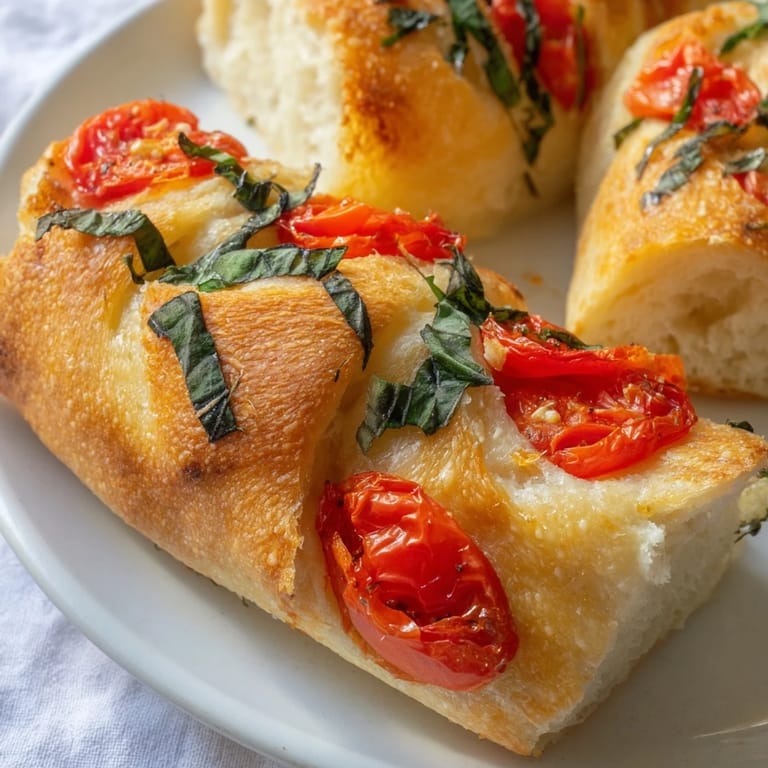 Golden-crusted Simple Homemade Tomato and Basil Flatbread, ready to be sliced and enjoyed, smells delicious.