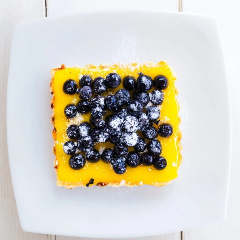 A close-up shot of decadent Lemon Curd and Blueberry Squares, perfect with coffee or tea.