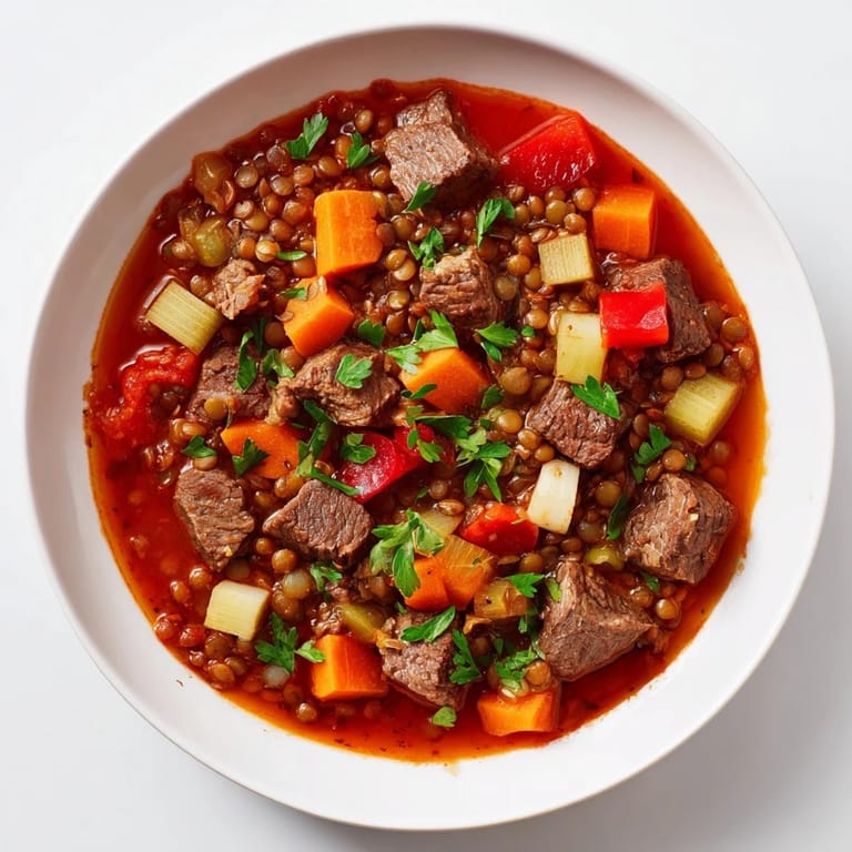 Hearty One-Pot Spicy Beef and Lentil Soup, garnished with fresh cilantro, ready to be enjoyed.