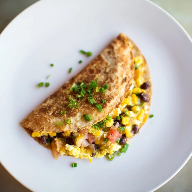 A close-up of a Quick Black Bean and Corn Quesadilla, showing the savory filling and crispy tortilla.