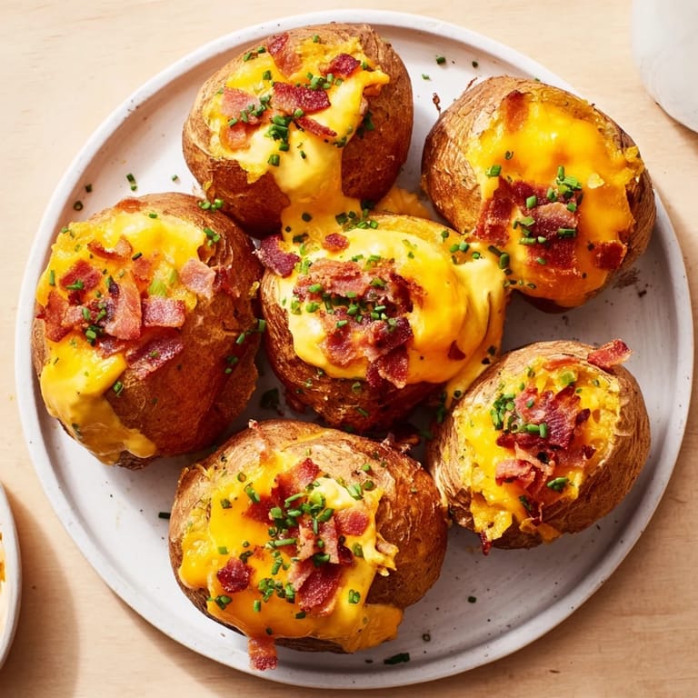 Delicious, cheesy air-fryer potato skins, hot out of the air fryer with crispy bacon and cool sour cream.