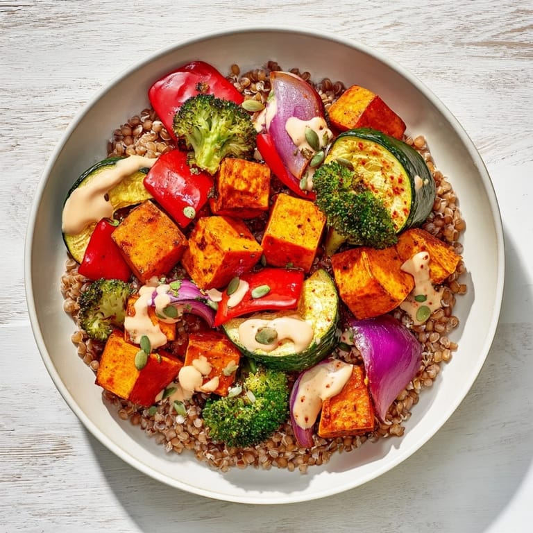 A delicious and healthy Hearty Roasted Vegetable and Farro Grain Bowl, drizzled with creamy lemon-tahini dressing.