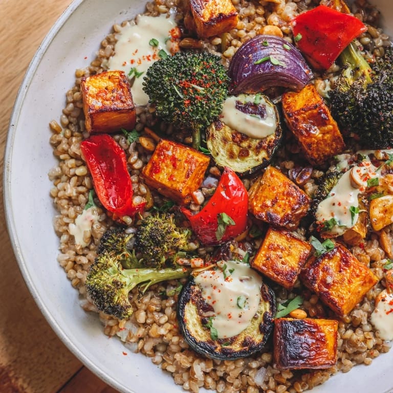Warm, inviting image showing a Hearty Roasted Vegetable and Farro Grain Bowl brimming with roasted vegetables and grains.