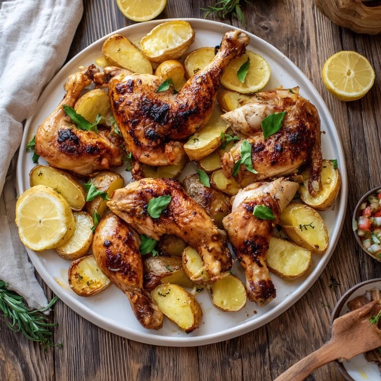 Savory One-Dish Baked Chicken Thighs with Lemon and Thyme featuring crispy chicken and tender potatoes.