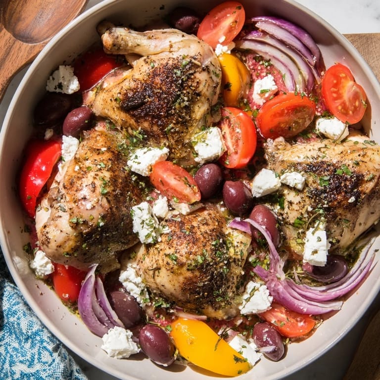 Enjoy a colorful view; juicy chicken and roasted bell peppers in this sheet pan Greek chicken recipe.