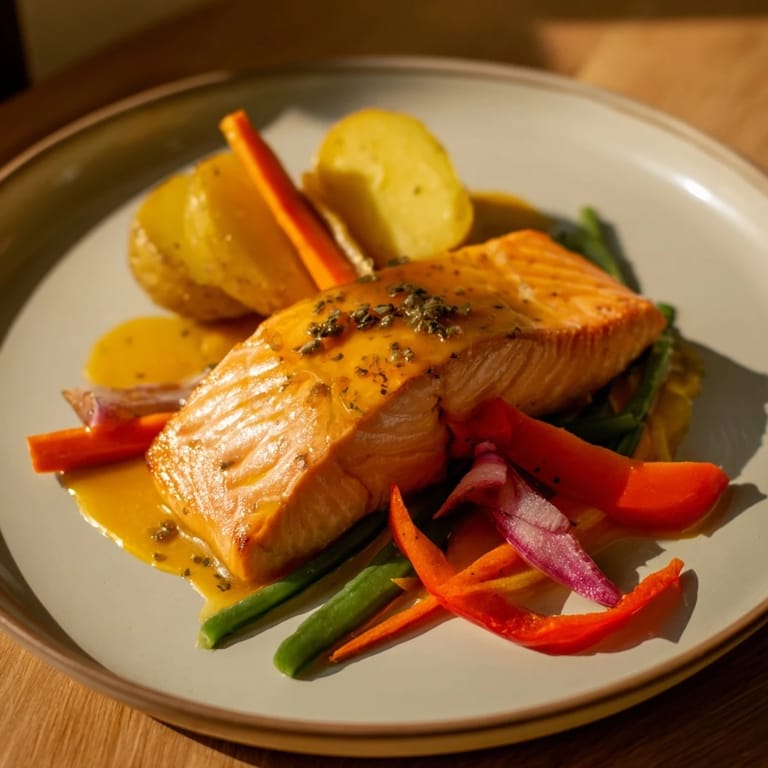 A close-up shot of juicy One-Tray Baked Salmon ready to eat, served with tender vegetables.