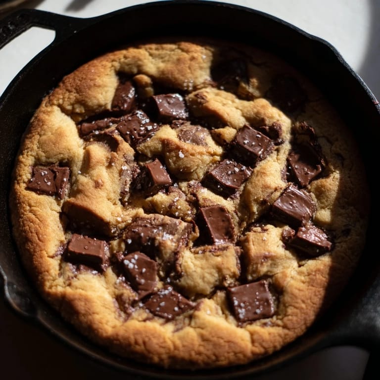 A close-up of a warm chocolate chunk skillet cookie, showing melty chocolate and a soft, chewy texture.