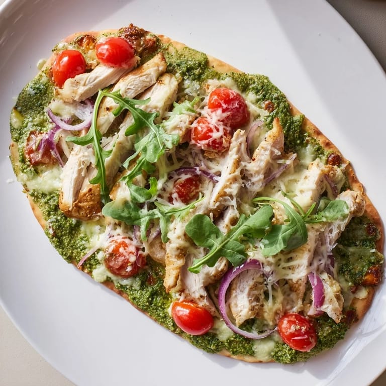 Freshly baked pesto chicken flatbread with melted cheese, perfect for a quick, delicious Italian dinner.