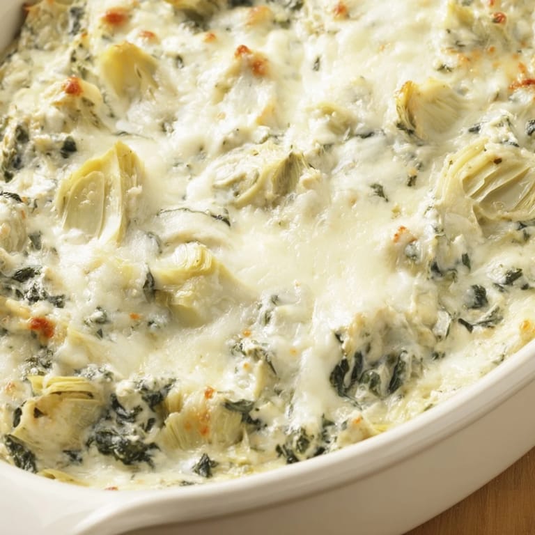 Close-up of golden-brown Cheesy Spinach Artichoke Dip, a creamy appetizer, ready for a party.