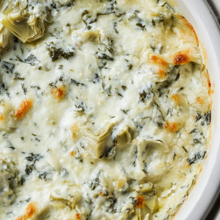 A flavorful baked Cheesy Spinach Artichoke Dip, steaming hot, featuring a rich, cheesy texture.