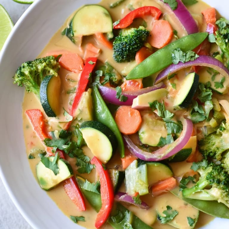 Delicious, spiced Coconut Curry Vegetables, featuring tender vegetables in a flavorful coconut milk sauce.