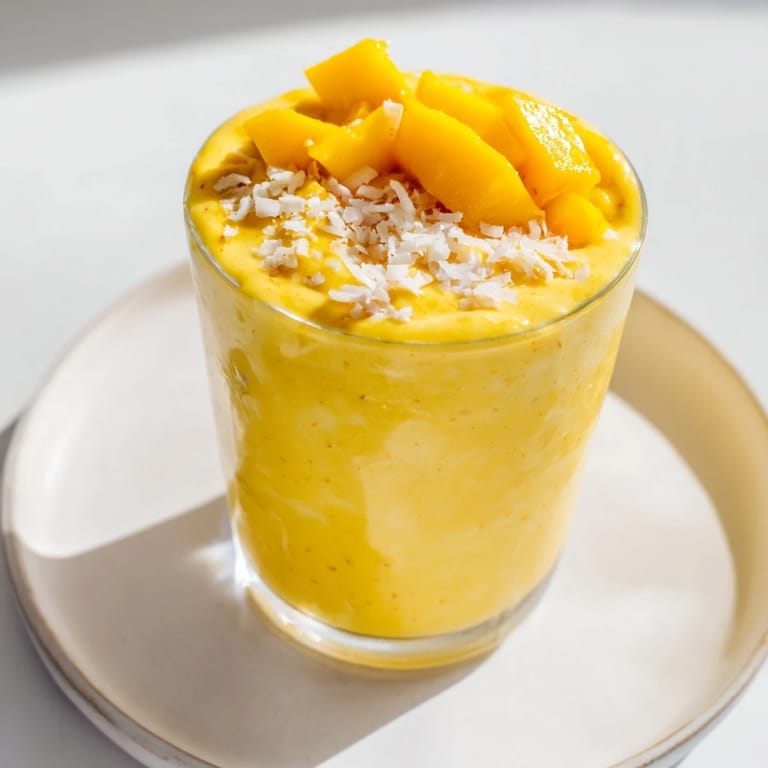 A chilled glass of Mango Turmeric Smoothie, blended to creamy perfection for a healthy start.