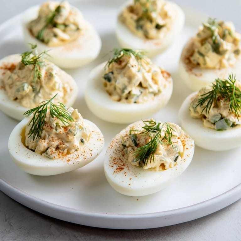 Bright, creamy Dill Pickle Deviled Eggs arranged on a serving platter, perfect for a flavorful snack.