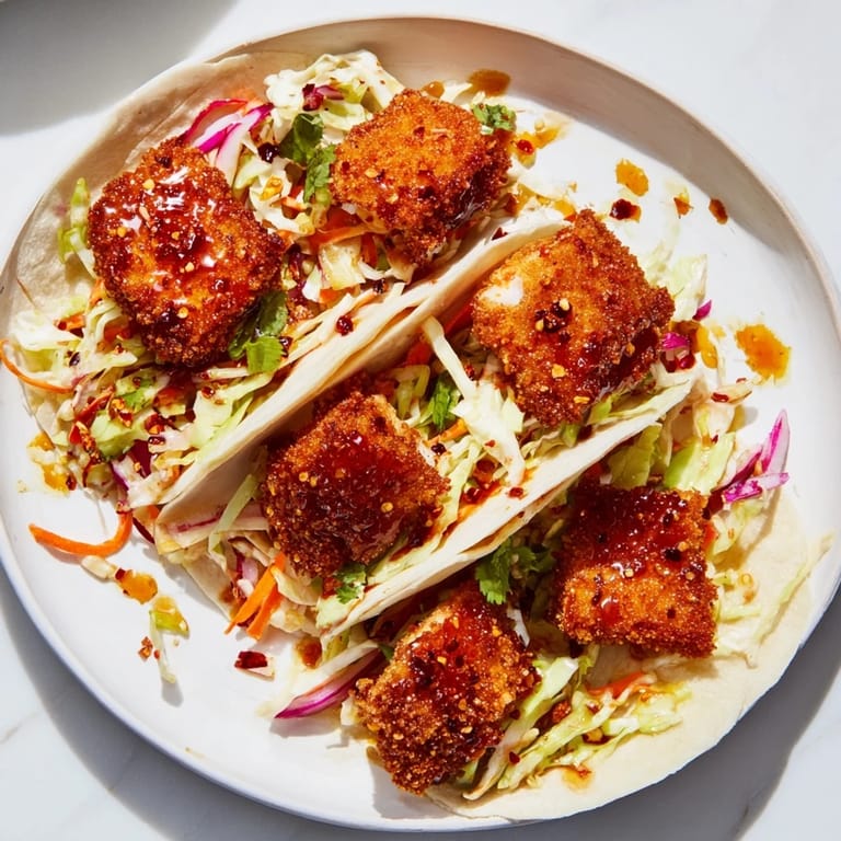 Close-up of vibrant Hot Honey Chicken Tacos with a messy, delicious combination of textures and flavors.