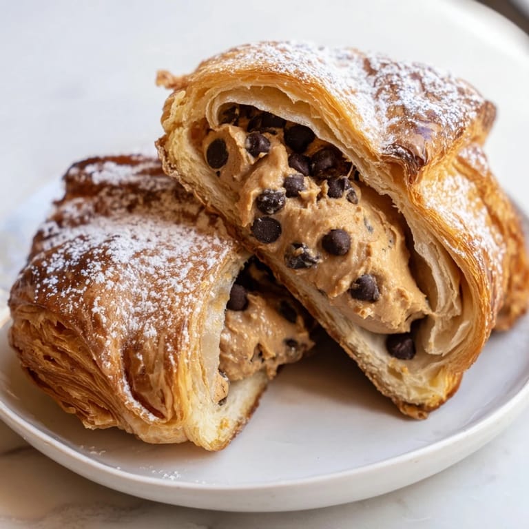 A close-up of a warm, delicious Cookie Croissant dusted with powdered sugar, ready to eat.