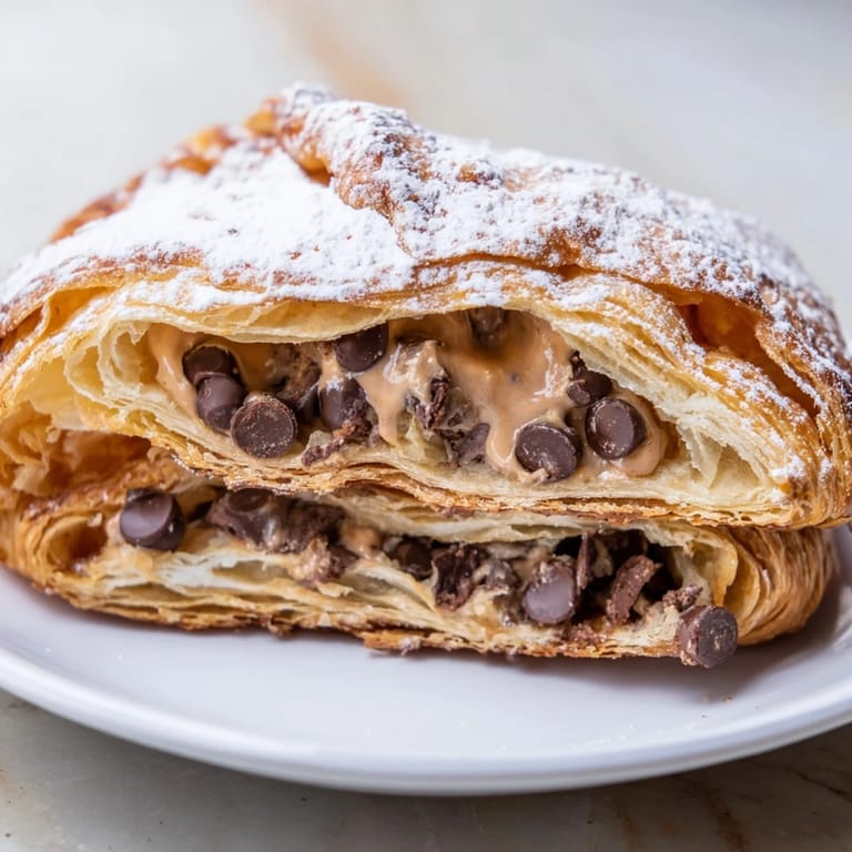 Gooey chocolate chip cookie dough oozing from a freshly baked Cookie Croissant, a sweet treat.
