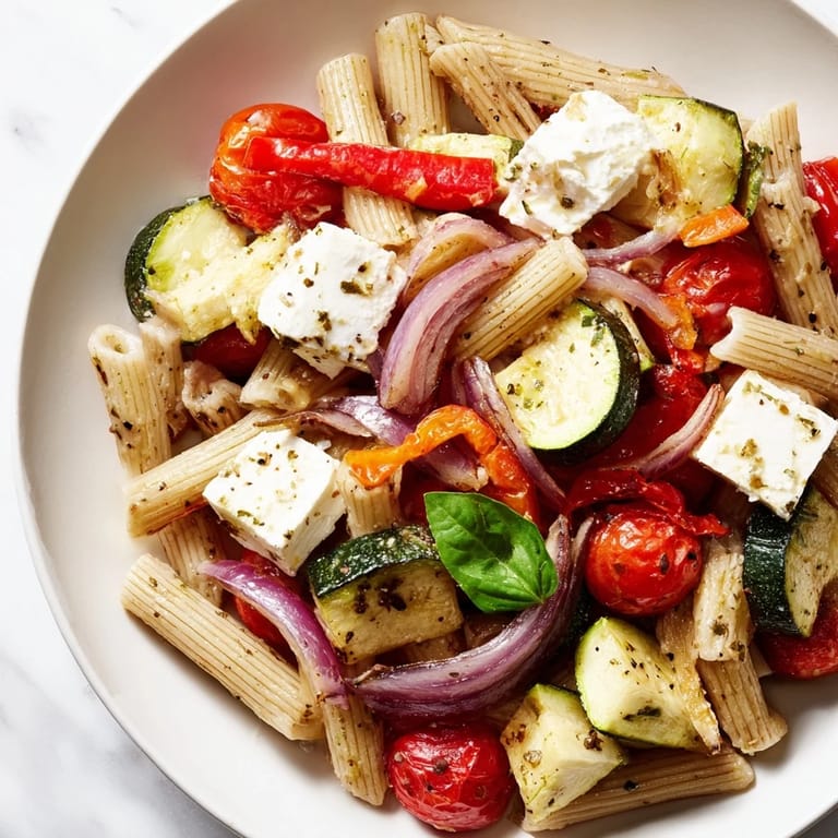 Golden baked feta pasta, tossed with colorful roasted vegetables and fresh basil for serving.