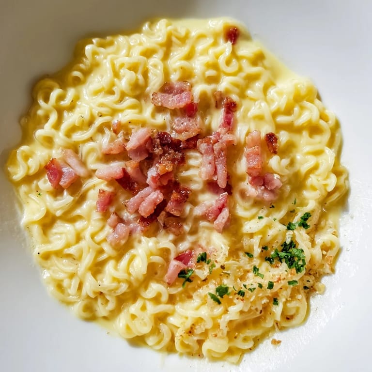 Quick and easy Ramen Carbonara Hack, ready in minutes, with Parmesan cheese and garlic aromas.