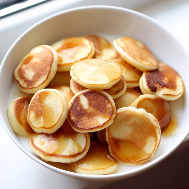 Tiny, cooked Fluffy Pancake Cereal stacked, ready to be enjoyed with milk and maple syrup.