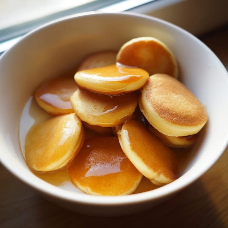 Warm, sweet Fluffy Pancake Cereal, photographed with maple syrup and cold milk for breakfast.