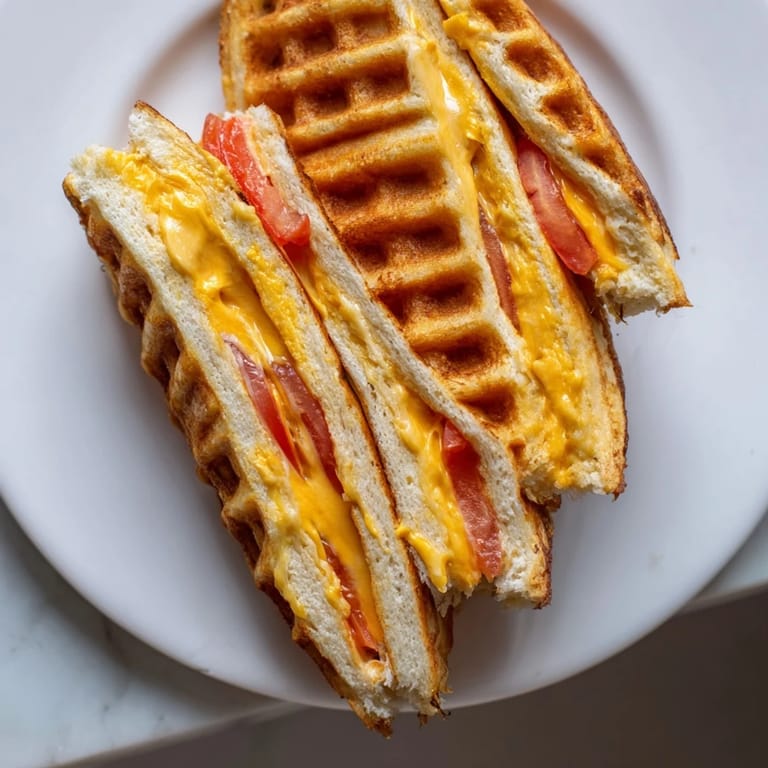 Close-up of a perfectly cooked waffle grilled cheese, showcasing the melted cheese and crunchy exterior.