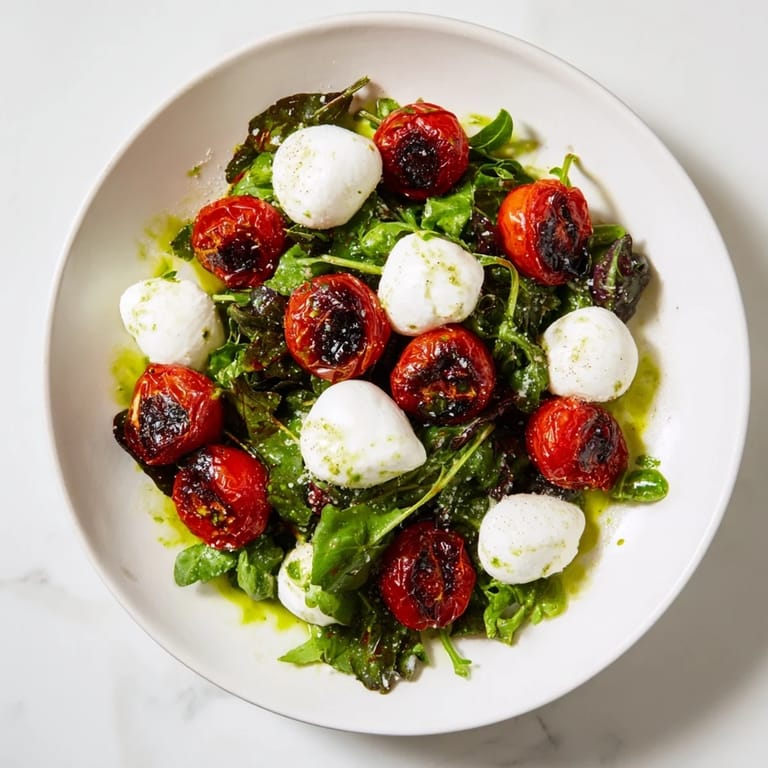 Delectable Charred Tomato Salad with Burrata boasts vibrant red tomatoes with fresh basil and greens.