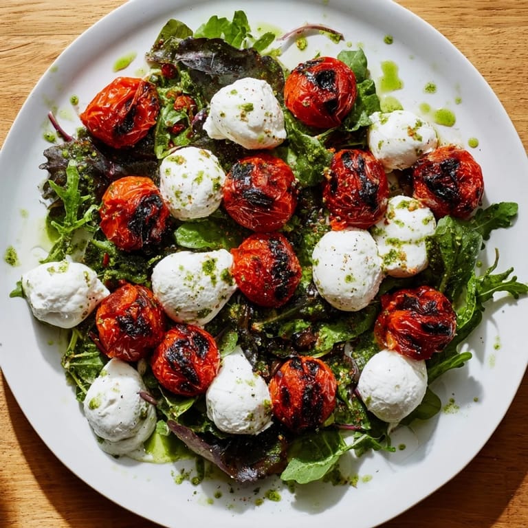 This image shows a beautifully plated Charred Tomato Salad with Burrata, creating an Italian-inspired delight.