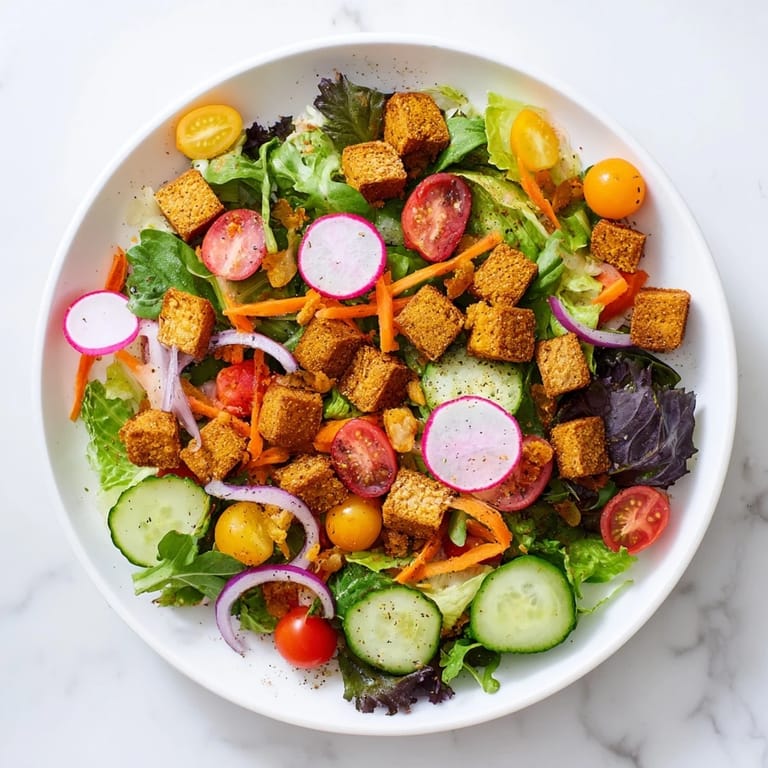 Beautiful arrangement of Mixed Greens Salad; visually exciting, with vibrant tomatoes and savory chickpea croutons.