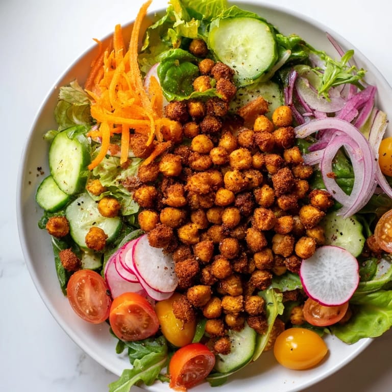 Golden-brown crispy chickpea croutons adding a delightful crunch to the Mixed Greens Salad, ready to eat.