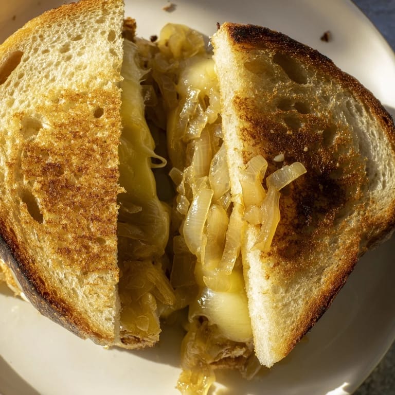 Perfectly browned Caramelized Onion and Gruyère Grilled Cheese, ready to be sliced and enjoyed.