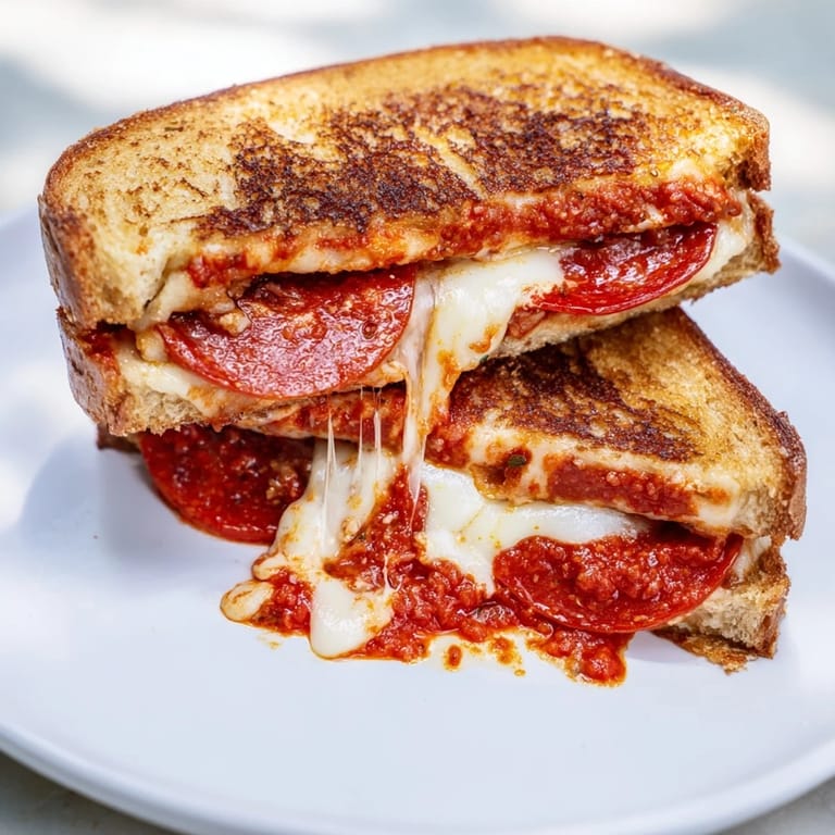 Crispy, cheesy Pizza Grilled Cheese cut in half, a delicious blend of comfort food and pizza flavors, ready to eat.