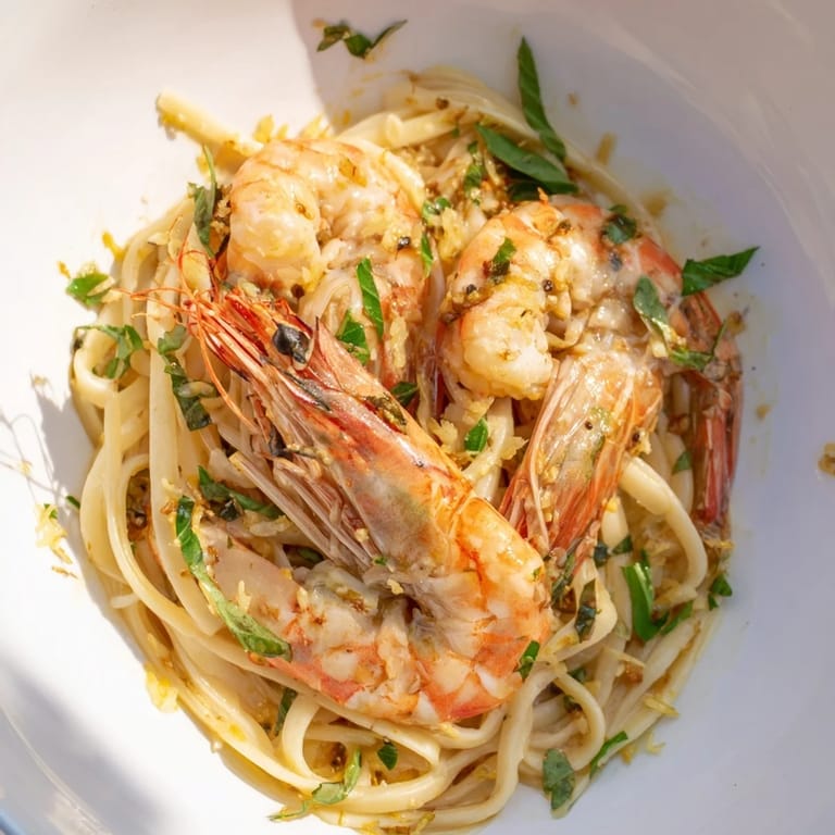 Close-up of golden shrimp nestled in Lemon Herb Pasta, infused with bright lemon and garlic aromas.