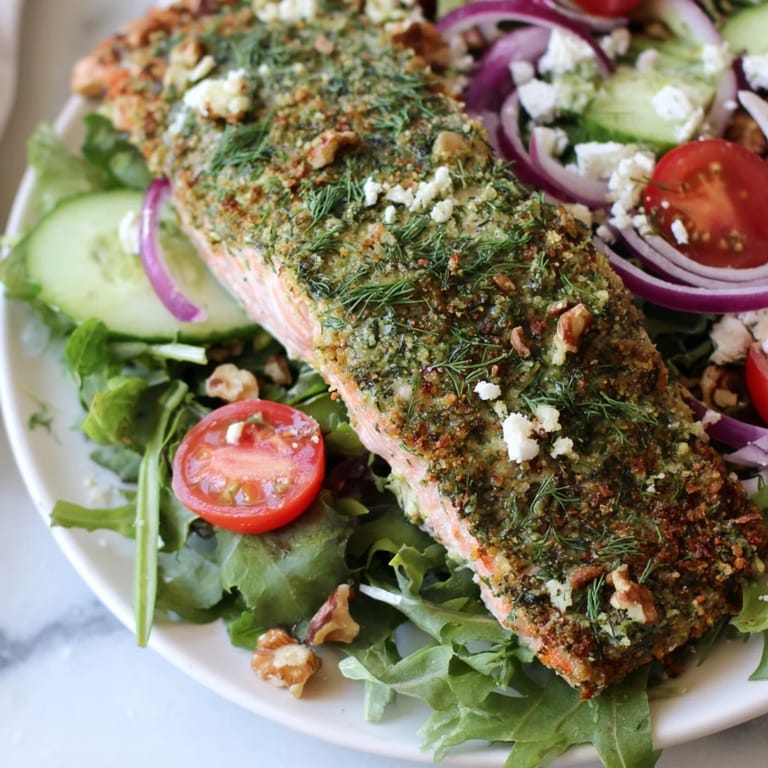 A plate of delicious herb-crusted salmon salad, with tender salmon and a bright vinaigrette.