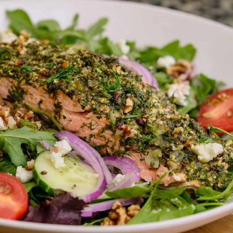 Enjoy a colorful close-up of herb-crusted salmon salad, showcasing the fresh, healthy ingredients.