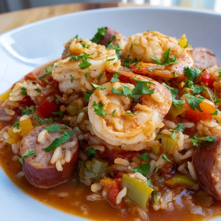 This close-up shot of homemade Jambalaya Skillet shows the perfect blend of ingredients and flavors.