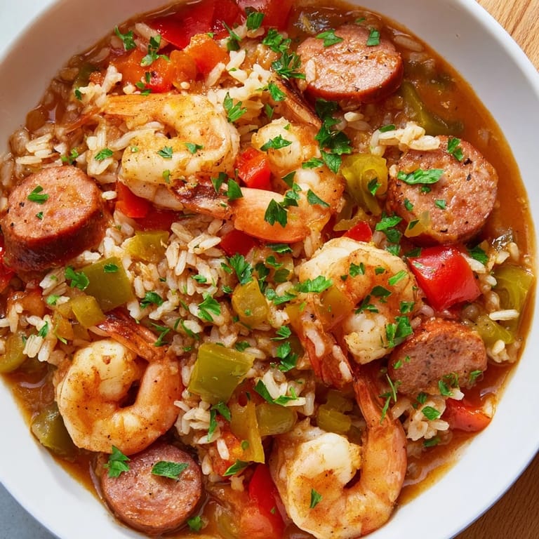A delicious, colorful bowl of Jambalaya Skillet with parsley garnish offers a hearty Creole meal.