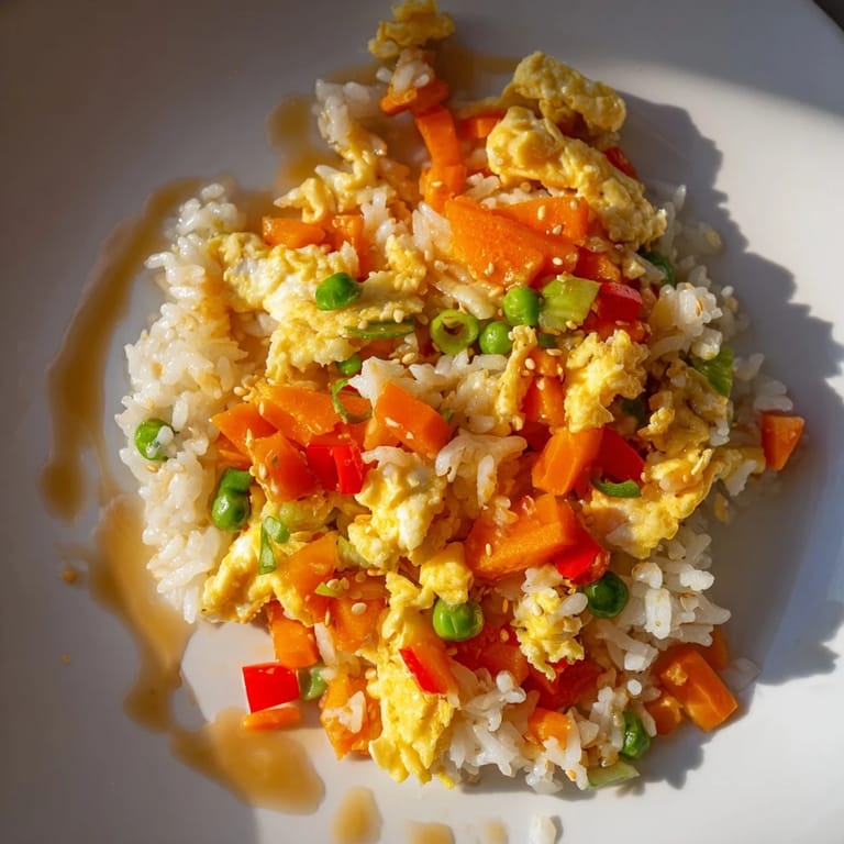 Delicious, savory egg fried rice: fluffy rice with scrambled eggs and stir-fried vegetables.