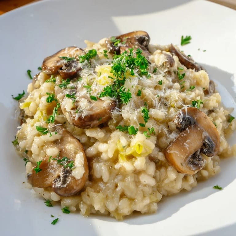 Golden-brown sautéed mushrooms enrich this creamy Arborio rice risotto, ready to serve with fresh parsley.