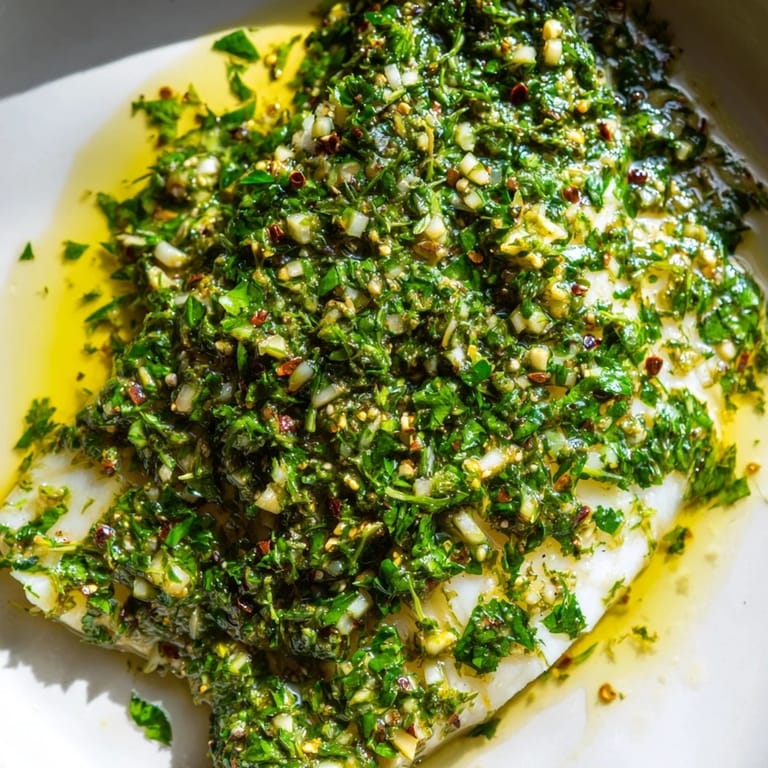 Vibrant photo of fish marinated in Moroccan Chermoula, showcasing bright green herbs and a citrusy aroma.
