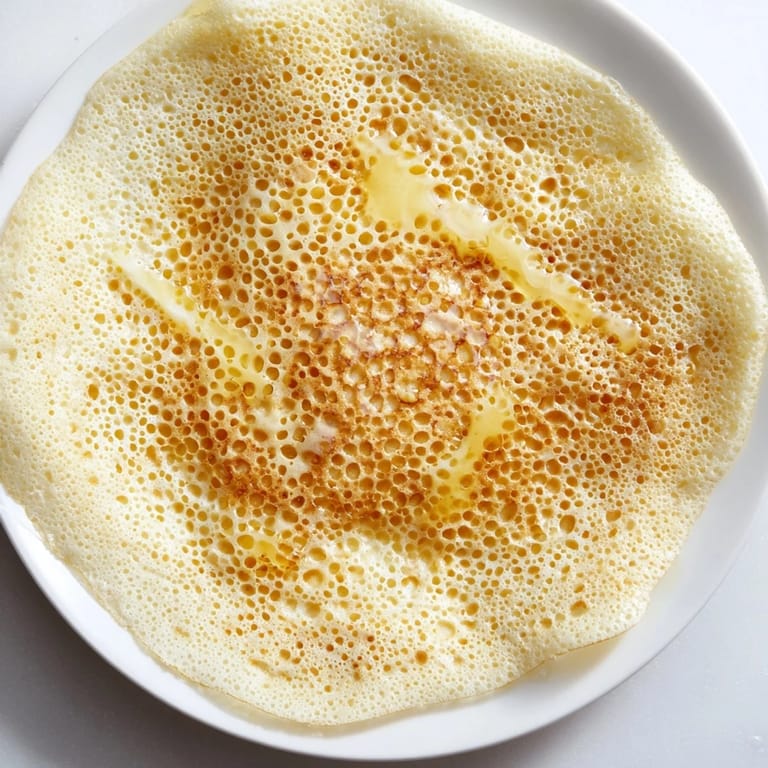 Pile of warm Moroccan Baghrir, served with melted butter and honey, a delicious breakfast or dessert.