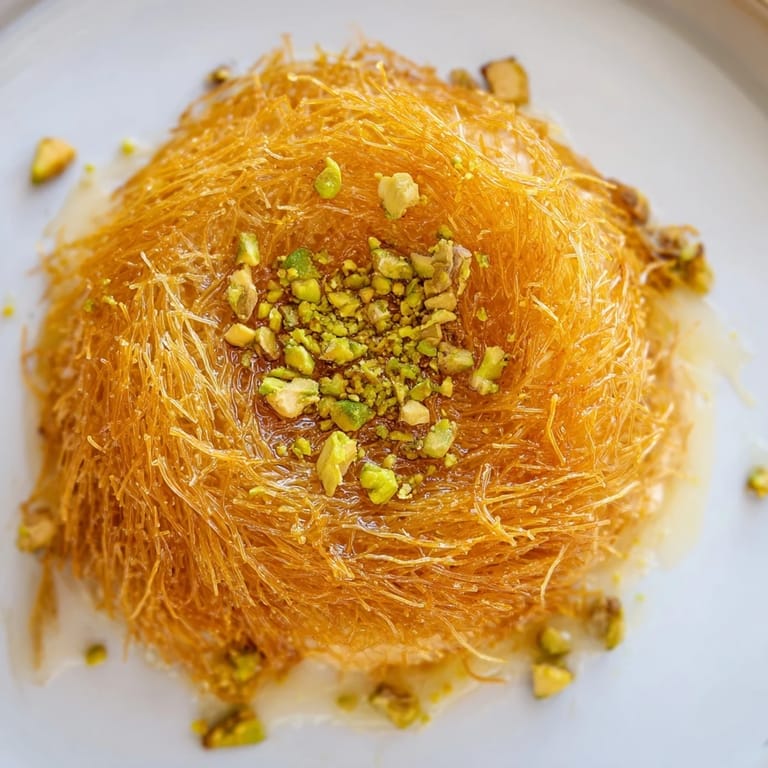 Pistachios garnish a freshly baked and syrupy Lebanese Knafeh, a delightful dessert.